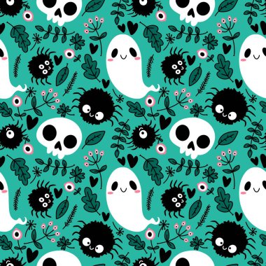 Cadılar Bayramı hayaletleri kağıt, kumaş, çarşaf ve çocuk giysileri baskısı, ambalaj ve şenlikli aksesuarlar için kusursuz çizgi film desenleri. Yüksek kaliteli illüstrasyon