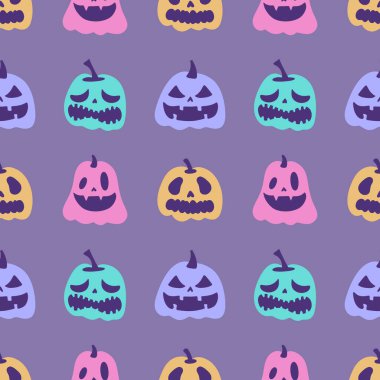 Cadılar Bayramı balkabakları kağıt, kumaş, çarşaf, çocuk giysisi baskısı, şenlik ambalajı ve sonbahar partisi aksesuarları için kusursuz canavar desenleri. Yüksek kaliteli illüstrasyon