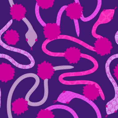 Yaz çizgi filmlerindeki kusursuz yılan desenli ambalaj kağıtları, kumaşlar, çarşaflar, çocuk giysileri baskısı ve yeni yıl, bayram ambalajları ve hayvanat bahçesi aksesuarları. Yüksek kaliteli illüstrasyon