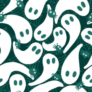 Cadılar Bayramı hayaletleri kağıt, kumaş, çarşaf ve çocuk giysileri baskısı, ambalaj ve şenlikli aksesuarlar için kusursuz çizgi film desenleri. Yüksek kaliteli illüstrasyon