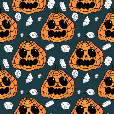 Cadılar Bayramı balkabakları kağıt, kumaş, çarşaf, çocuk giysisi baskısı, şenlik ambalajı ve sonbahar partisi aksesuarları için kusursuz canavar desenleri. Yüksek kaliteli illüstrasyon