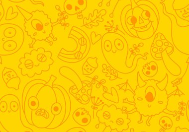 Cadılar Bayramı balkabakları kağıt, kumaş, çarşaf, çocuk giysisi baskısı, şenlik ambalajı ve sonbahar partisi aksesuarları için kusursuz canavar desenleri. Yüksek kaliteli illüstrasyon