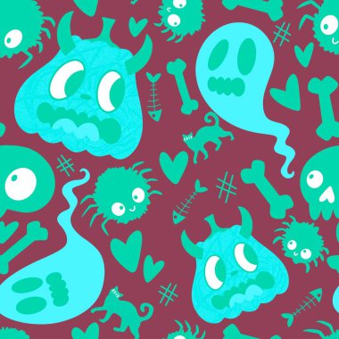 Cadılar Bayramı balkabakları kağıt, kumaş, çarşaf, çocuk giysisi baskısı, şenlik ambalajı ve sonbahar partisi aksesuarları için kusursuz canavar desenleri. Yüksek kaliteli illüstrasyon