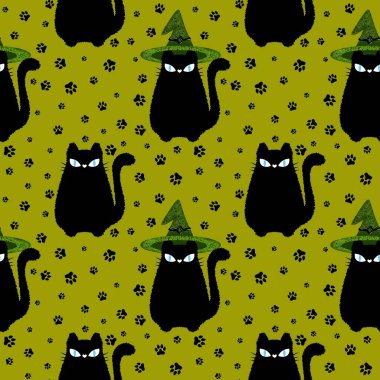 Cadılar Bayramı 'nda kedilerin örtü, kumaş, çarşaf, çocuk giysisi baskısı ve parti aksesuarları için kusursuz cadı desenleri. Yüksek kaliteli illüstrasyon