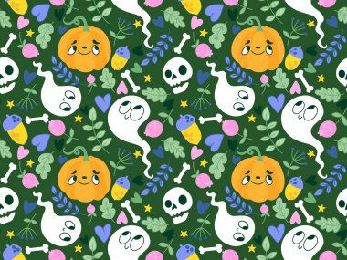 Cadılar Bayramı balkabakları kağıt, kumaş, çarşaf, çocuk giysisi baskısı, şenlik ambalajı ve sonbahar partisi aksesuarları için kusursuz canavar desenleri. Yüksek kaliteli illüstrasyon