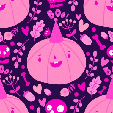 Cadılar Bayramı balkabakları kağıt, kumaş, çarşaf, çocuk giysisi baskısı, şenlik ambalajı ve sonbahar partisi aksesuarları için kusursuz canavar desenleri. Yüksek kaliteli illüstrasyon