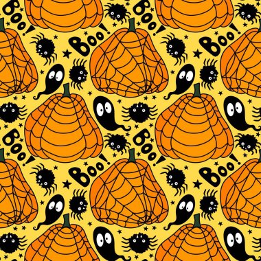 Cadılar Bayramı balkabakları kağıt, kumaş, çarşaf, çocuk giysisi baskısı, şenlik ambalajı ve sonbahar partisi aksesuarları için kusursuz canavar desenleri. Yüksek kaliteli illüstrasyon