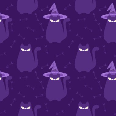 Cadılar Bayramı 'nda kedilerin örtü, kumaş, çarşaf, çocuk giysisi baskısı ve parti aksesuarları için kusursuz cadı desenleri. Yüksek kaliteli illüstrasyon