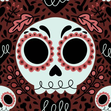 Cadılar Bayramı canavarları kağıt, kumaş, çarşaf ve sonbahar partisi aksesuarları ve moda tekstil ürünleri için kusursuz kafatası desenleri. Yüksek kaliteli illüstrasyon