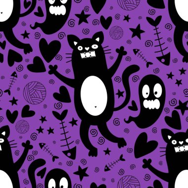 Cadılar Bayramı hayvanları kağıt, kumaş, çarşaf ve çocuk kıyafetleri ve parti aksesuarları için kusursuz kedi desenleri. Yüksek kaliteli illüstrasyon