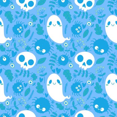 Cadılar Bayramı hayaletleri kağıt, kumaş, çarşaf ve çocuk giysileri baskısı, ambalaj ve şenlikli aksesuarlar için kusursuz çizgi film desenleri. Yüksek kaliteli illüstrasyon