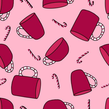 Noel bardakları kumaş, çarşaf ve çocuk kıyafetleri ve yeni yıl partisi aksesuarları için kusursuz kış kupaları deseni. Yüksek kaliteli illüstrasyon