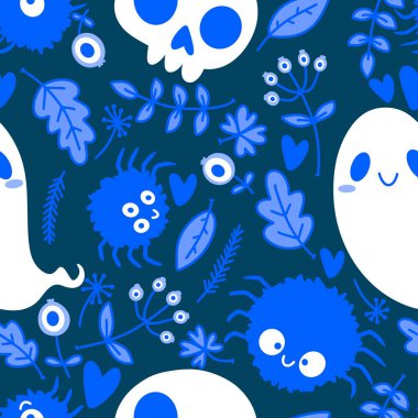 Cadılar Bayramı hayaletleri kağıt, kumaş, çarşaf ve çocuk giysileri baskısı, ambalaj ve şenlikli aksesuarlar için kusursuz çizgi film desenleri. Yüksek kaliteli illüstrasyon