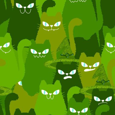 Cadılar Bayramı 'nda kedilerin örtü, kumaş, çarşaf, çocuk giysisi baskısı ve parti aksesuarları için kusursuz cadı desenleri. Yüksek kaliteli illüstrasyon