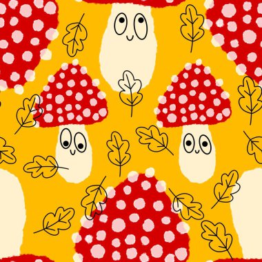 Çizgi filmlerdeki sonbahar hasadı kusursuz Cadılar Bayramı mantarları kağıt, kumaş, çarşaf, çocuk baskısı, şenlikli ambalaj ve aksesuarlar. Yüksek kaliteli illüstrasyon