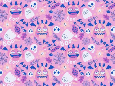 Cadılar Bayramı balkabakları kağıt, kumaş, çarşaf, çocuk giysisi baskısı, şenlik ambalajı ve sonbahar partisi aksesuarları için kusursuz canavar desenleri. Yüksek kaliteli illüstrasyon