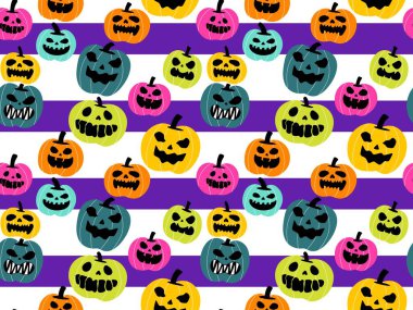 Cadılar Bayramı balkabakları kağıt, kumaş, çarşaf, çocuk giysisi baskısı, şenlik ambalajı ve sonbahar partisi aksesuarları için kusursuz canavar desenleri. Yüksek kaliteli illüstrasyon