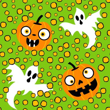 Cadılar Bayramı balkabakları kağıt, kumaş, çarşaf, çocuk giysisi baskısı, şenlik ambalajı ve sonbahar partisi aksesuarları için kusursuz canavar desenleri. Yüksek kaliteli illüstrasyon