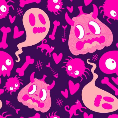 Cadılar Bayramı balkabakları kağıt, kumaş, çarşaf, çocuk giysisi baskısı, şenlik ambalajı ve sonbahar partisi aksesuarları için kusursuz canavar desenleri. Yüksek kaliteli illüstrasyon