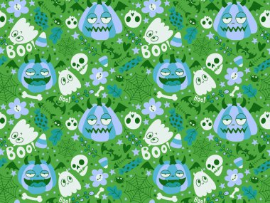 Cadılar Bayramı balkabakları kağıt, kumaş, çarşaf, çocuk giysisi baskısı, şenlik ambalajı ve sonbahar partisi aksesuarları için kusursuz canavar desenleri. Yüksek kaliteli illüstrasyon