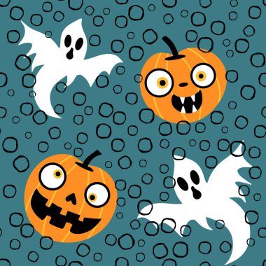 Cadılar Bayramı balkabakları kağıt, kumaş, çarşaf, çocuk giysisi baskısı, şenlik ambalajı ve sonbahar partisi aksesuarları için kusursuz canavar desenleri. Yüksek kaliteli illüstrasyon