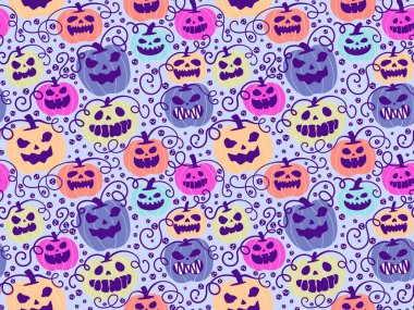 Cadılar Bayramı balkabakları kağıt, kumaş, çarşaf, çocuk giysisi baskısı, şenlik ambalajı ve sonbahar partisi aksesuarları için kusursuz canavar desenleri. Yüksek kaliteli illüstrasyon