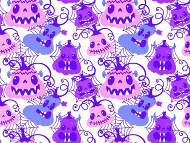 Cadılar Bayramı balkabakları kağıt, kumaş, çarşaf, çocuk giysisi baskısı, şenlik ambalajı ve sonbahar partisi aksesuarları için kusursuz canavar desenleri. Yüksek kaliteli illüstrasyon