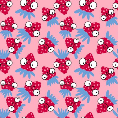 Doğum günü kağıtları, kumaşlar, çarşaflar ve çocuk giysileri baskıları ve moda tekstili için tatlı çizgi film yaz meyvesiz çilek deseni. Yüksek kaliteli illüstrasyon