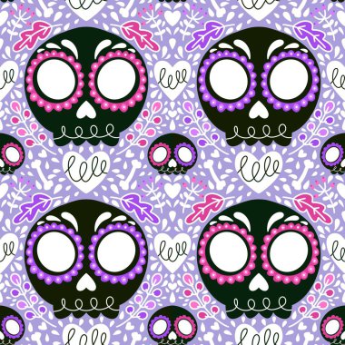 Cadılar Bayramı canavarları kağıt, kumaş, çarşaf ve sonbahar partisi aksesuarları ve moda tekstil ürünleri için kusursuz kafatası desenleri. Yüksek kaliteli illüstrasyon