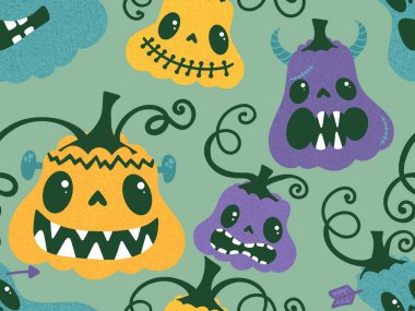 Cadılar Bayramı balkabakları kağıt, kumaş, çarşaf, çocuk giysisi baskısı, şenlik ambalajı ve sonbahar partisi aksesuarları için kusursuz canavar desenleri. Yüksek kaliteli illüstrasyon
