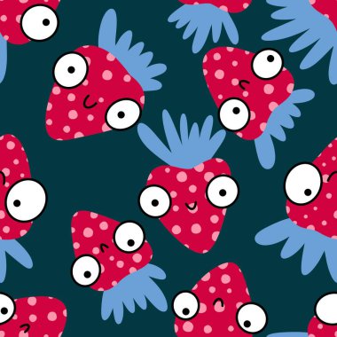 Doğum günü kağıtları, kumaşlar, çarşaflar ve çocuk giysileri baskıları ve moda tekstili için tatlı çizgi film yaz meyvesiz çilek deseni. Yüksek kaliteli illüstrasyon