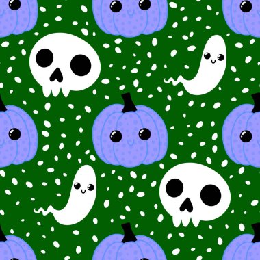 Cadılar Bayramı balkabakları kağıt, kumaş, çarşaf, çocuk giysisi baskısı, şenlik ambalajı ve sonbahar partisi aksesuarları için kusursuz canavar desenleri. Yüksek kaliteli illüstrasyon