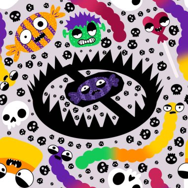 Halloween candy seamless monster face pattern for wrapping paper and fabrics and linens and kids clothes print and autumn party accessories. High quality illustration clipart