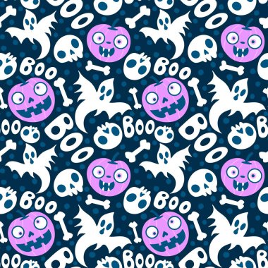 Cadılar Bayramı balkabakları kağıt, kumaş, çarşaf, çocuk giysisi baskısı, şenlik ambalajı ve sonbahar partisi aksesuarları için kusursuz canavar desenleri. Yüksek kaliteli illüstrasyon