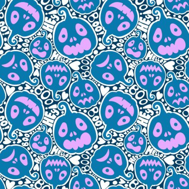 Cadılar Bayramı balkabakları kağıt, kumaş, çarşaf, çocuk giysisi baskısı, şenlik ambalajı ve sonbahar partisi aksesuarları için kusursuz canavar desenleri. Yüksek kaliteli illüstrasyon