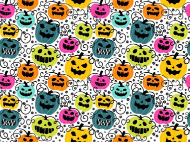 Cadılar Bayramı balkabakları kağıt, kumaş, çarşaf, çocuk giysisi baskısı, şenlik ambalajı ve sonbahar partisi aksesuarları için kusursuz canavar desenleri. Yüksek kaliteli illüstrasyon