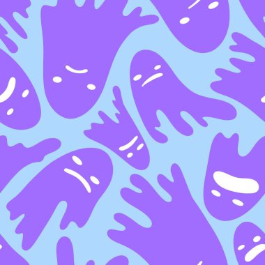 Cadılar Bayramı hayaletleri kağıt, kumaş, çarşaf ve çocuk giysileri baskısı, ambalaj ve şenlikli aksesuarlar için kusursuz çizgi film desenleri. Yüksek kaliteli illüstrasyon