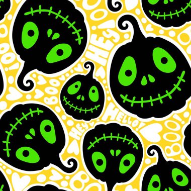 Cadılar Bayramı balkabakları kağıt, kumaş, çarşaf, çocuk giysisi baskısı, şenlik ambalajı ve sonbahar partisi aksesuarları için kusursuz canavar desenleri. Yüksek kaliteli illüstrasyon
