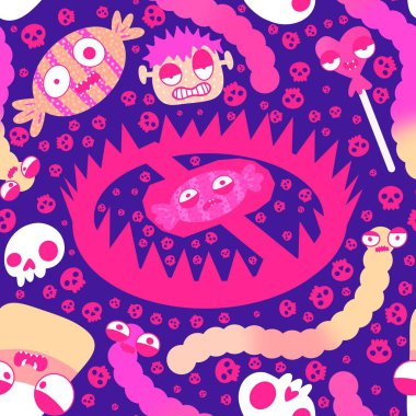 Cadılar Bayramı şekerleri kağıt, kumaş, çarşaf ve çocuk giysileri baskısı ve sonbahar partisi aksesuarları için kusursuz canavar yüzü deseni. Yüksek kaliteli illüstrasyon