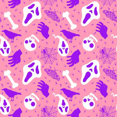 Cadılar Bayramı hayaletleri kağıt, kumaş, çarşaf ve çocuk giysileri baskısı, ambalaj ve şenlikli aksesuarlar için kusursuz çizgi film desenleri. Yüksek kaliteli illüstrasyon