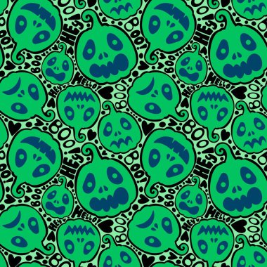 Cadılar Bayramı balkabakları kağıt, kumaş, çarşaf, çocuk giysisi baskısı, şenlik ambalajı ve sonbahar partisi aksesuarları için kusursuz canavar desenleri. Yüksek kaliteli illüstrasyon