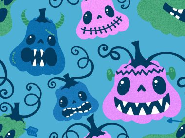 Cadılar Bayramı balkabakları kağıt, kumaş, çarşaf, çocuk giysisi baskısı, şenlik ambalajı ve sonbahar partisi aksesuarları için kusursuz canavar desenleri. Yüksek kaliteli illüstrasyon