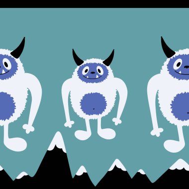Kış canavarları, kağıt, kumaş, çarşaf ve çocuk giysileri baskısı ve yeni yıl ambalajı için kusursuz Noel Yeti desenleri. Yüksek kaliteli illüstrasyon