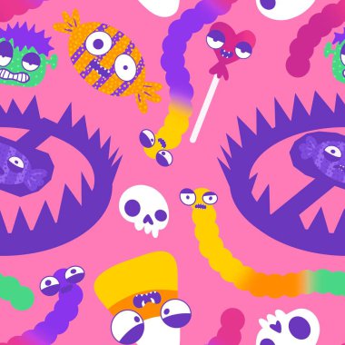 Cadılar Bayramı şekerleri kağıt, kumaş, çarşaf ve çocuk giysileri baskısı ve sonbahar partisi aksesuarları için kusursuz canavar yüzü deseni. Yüksek kaliteli illüstrasyon