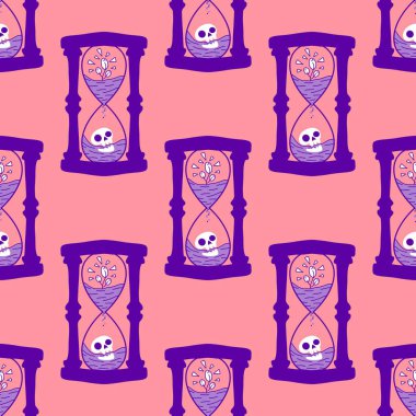 Kafatası desenli Cadılar Bayramı kum saati kağıt, kumaş, çarşaf ve sonbahar partisi aksesuarları için ölüm ve yaşam şekli. Yüksek kaliteli illüstrasyon