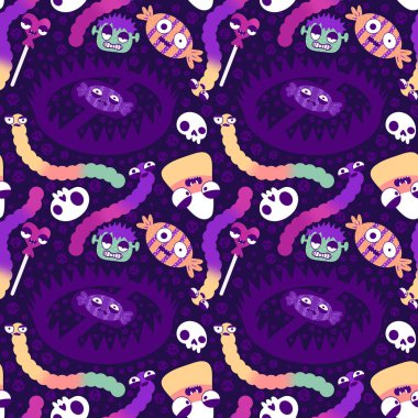 Cadılar Bayramı şekerleri kağıt, kumaş, çarşaf ve çocuk giysileri baskısı ve sonbahar partisi aksesuarları için kusursuz canavar yüzü deseni. Yüksek kaliteli illüstrasyon
