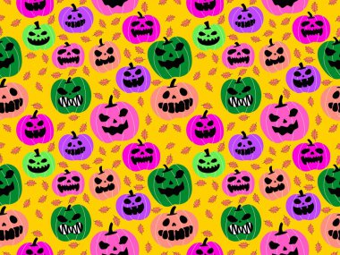 Cadılar Bayramı balkabakları kağıt, kumaş, çarşaf, çocuk giysisi baskısı, şenlik ambalajı ve sonbahar partisi aksesuarları için kusursuz canavar desenleri. Yüksek kaliteli illüstrasyon