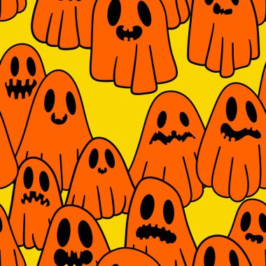 Cadılar Bayramı hayaletleri kağıt, kumaş, çarşaf ve çocuk giysileri baskısı, ambalaj ve şenlikli aksesuarlar için kusursuz çizgi film desenleri. Yüksek kaliteli illüstrasyon