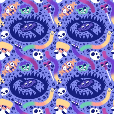 Cadılar Bayramı şekerleri kağıt, kumaş, çarşaf ve çocuk giysileri baskısı ve sonbahar partisi aksesuarları için kusursuz canavar yüzü deseni. Yüksek kaliteli illüstrasyon