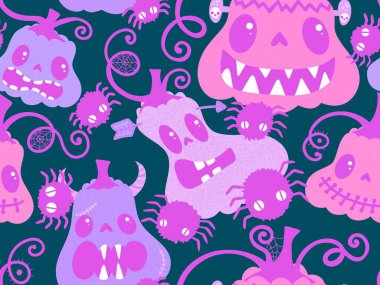 Cadılar Bayramı balkabakları kağıt, kumaş, çarşaf, çocuk giysisi baskısı, şenlik ambalajı ve sonbahar partisi aksesuarları için kusursuz canavar desenleri. Yüksek kaliteli illüstrasyon